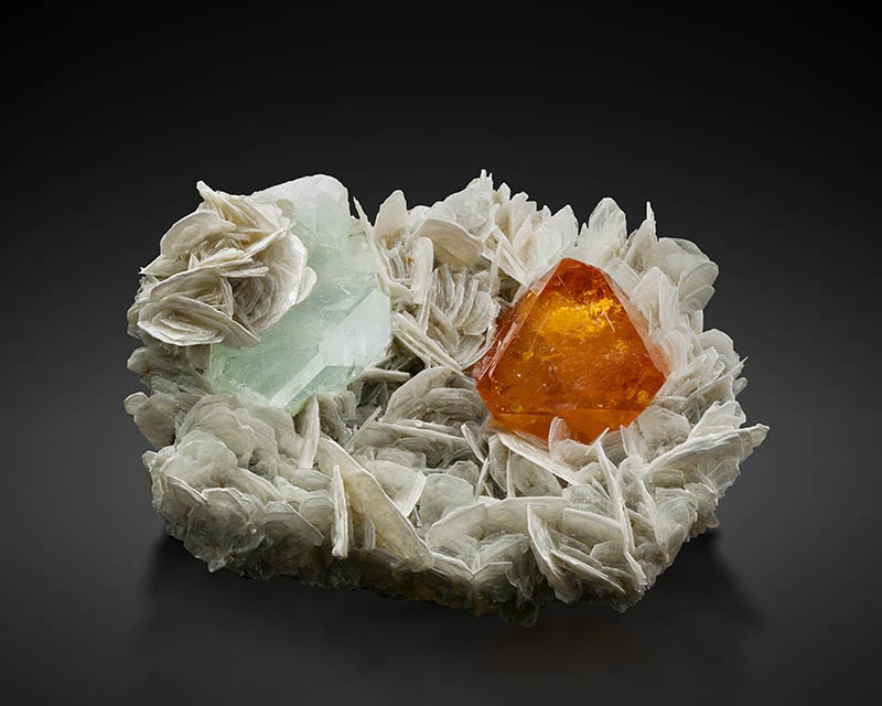 Scheelite with Aquamarine – Exceptional, Flawless Gems on Muscovite