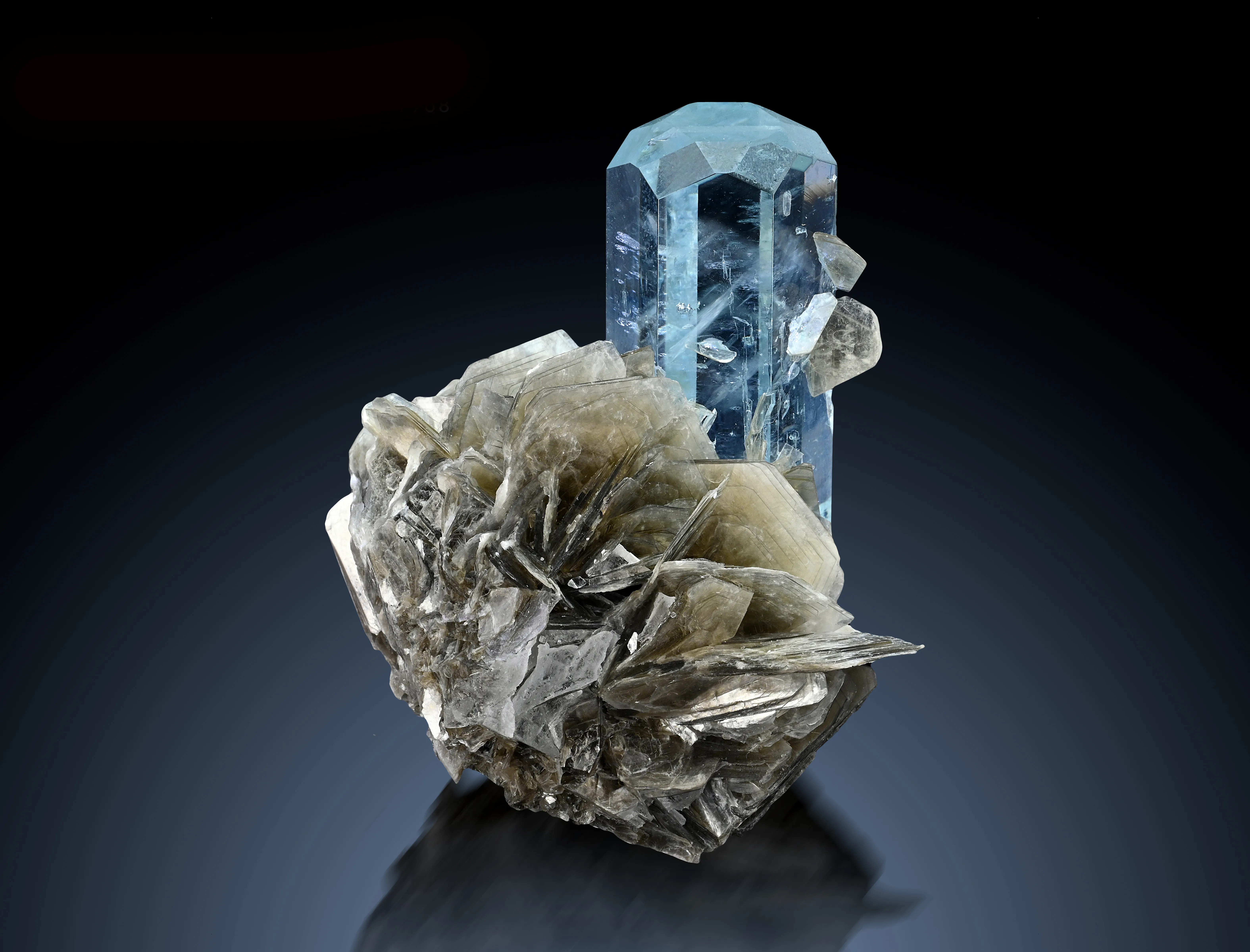 Aquamarine with Muscovite – Gemmy Hexagonal Crystal on Silvery Muscovite Rosettes