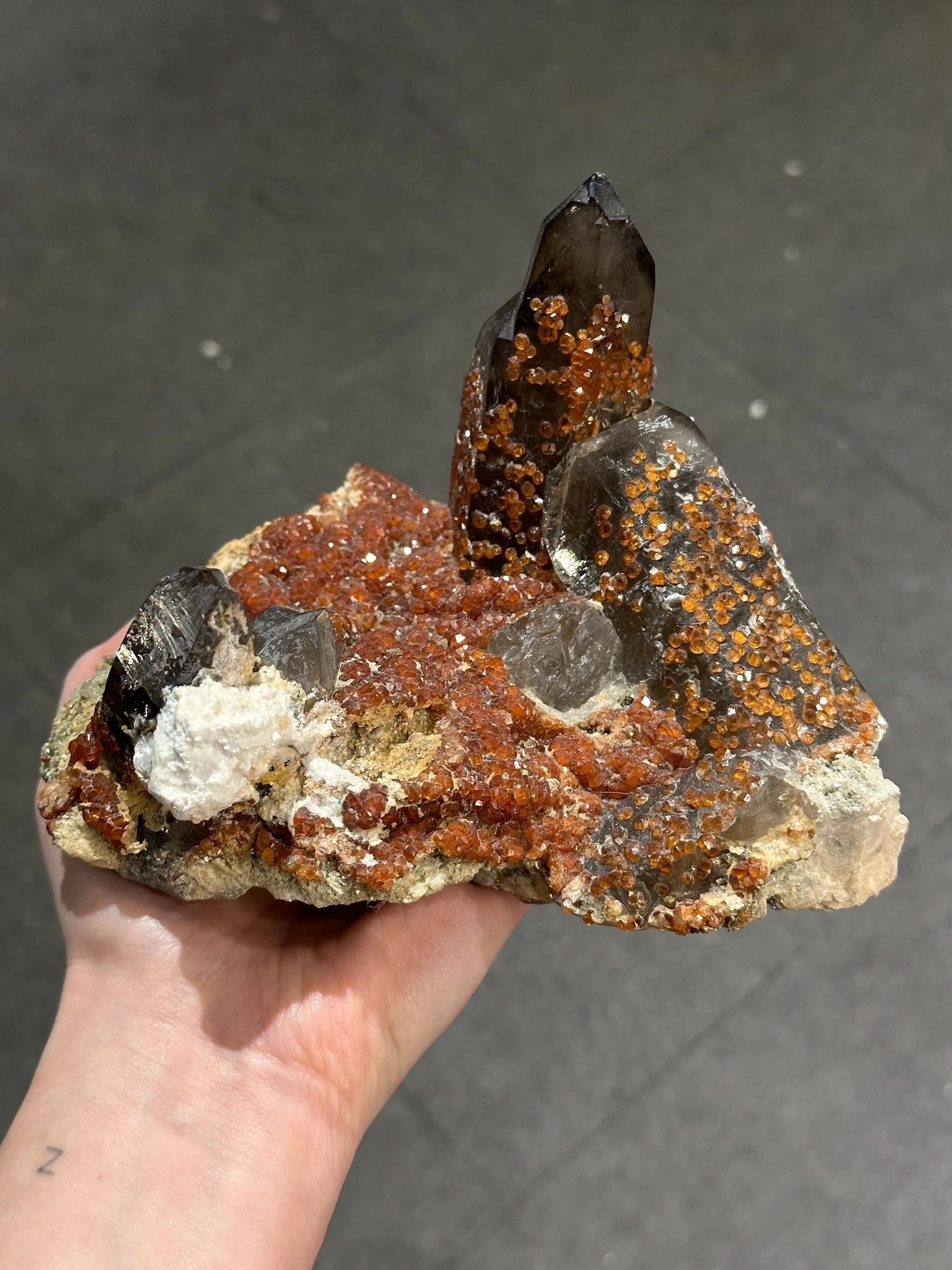 Smoky Quartz with Spessartine Garnet – Lustrous Garnet Druze on Smoky Quartz Crystal Cluster