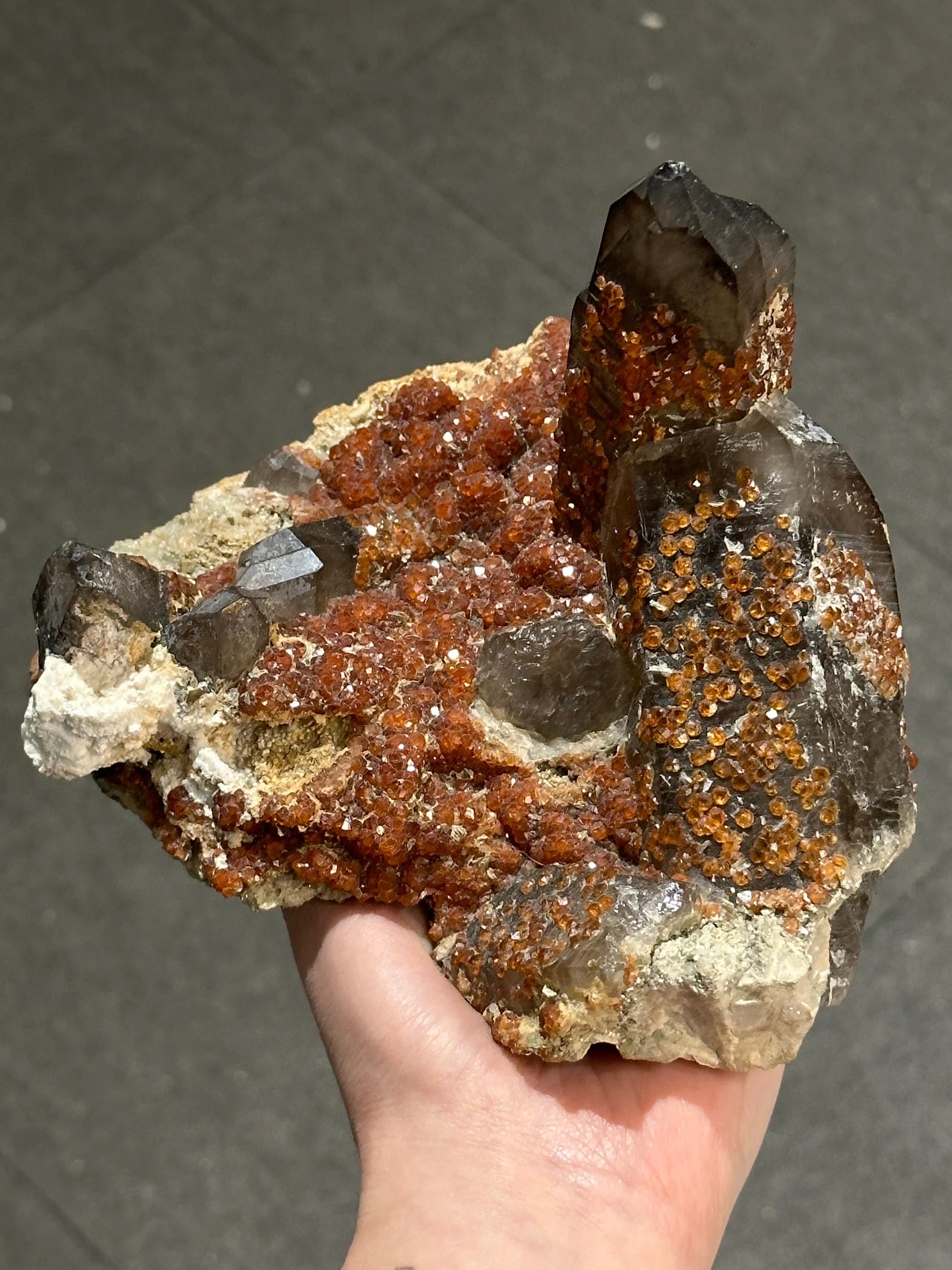 Smoky Quartz with Spessartine Garnet – Lustrous Garnet Druze on Smoky Quartz Crystal Cluster