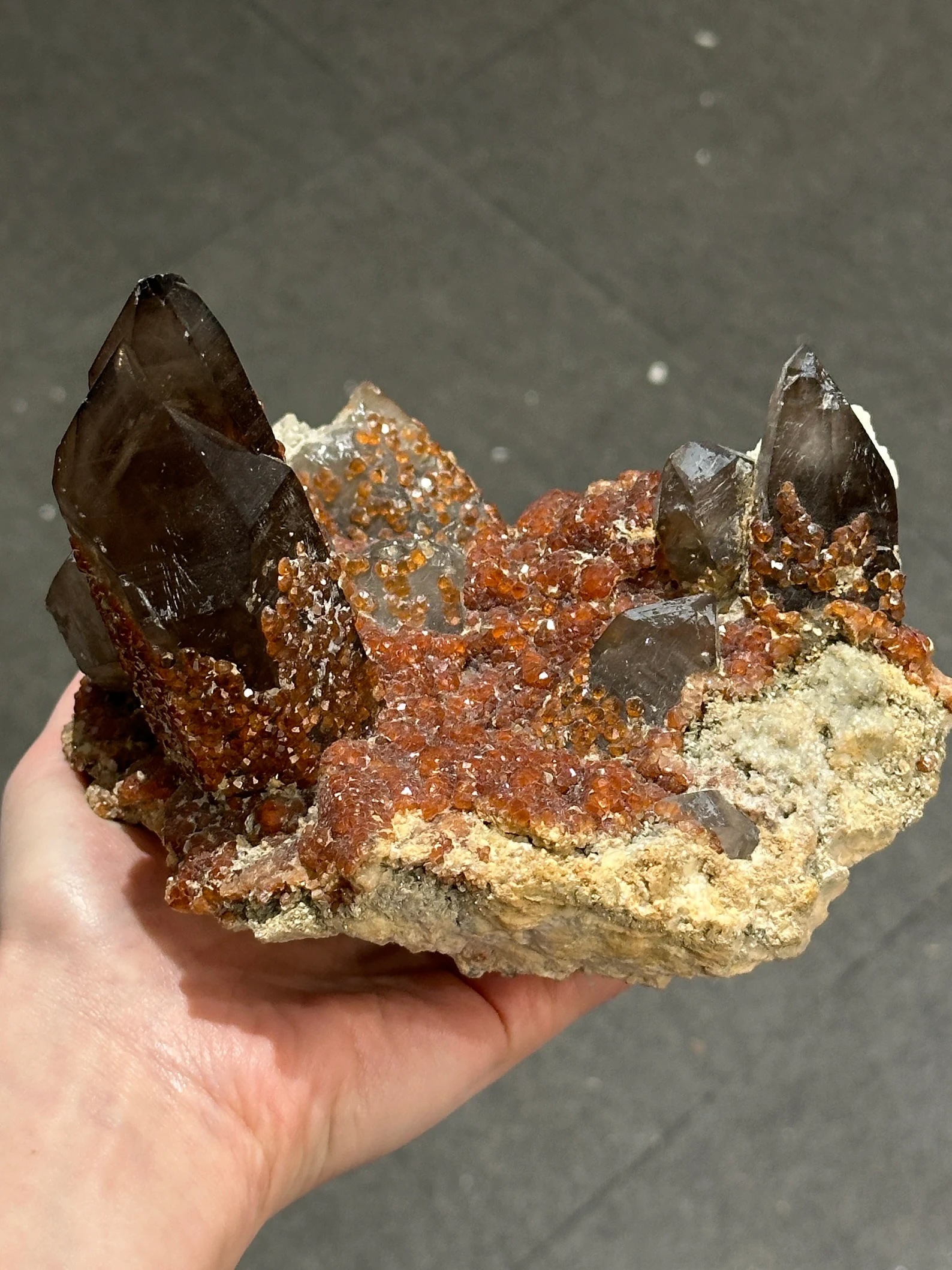 Smoky Quartz with Spessartine Garnet – Lustrous Garnet Druze on Smoky Quartz Crystal Cluster