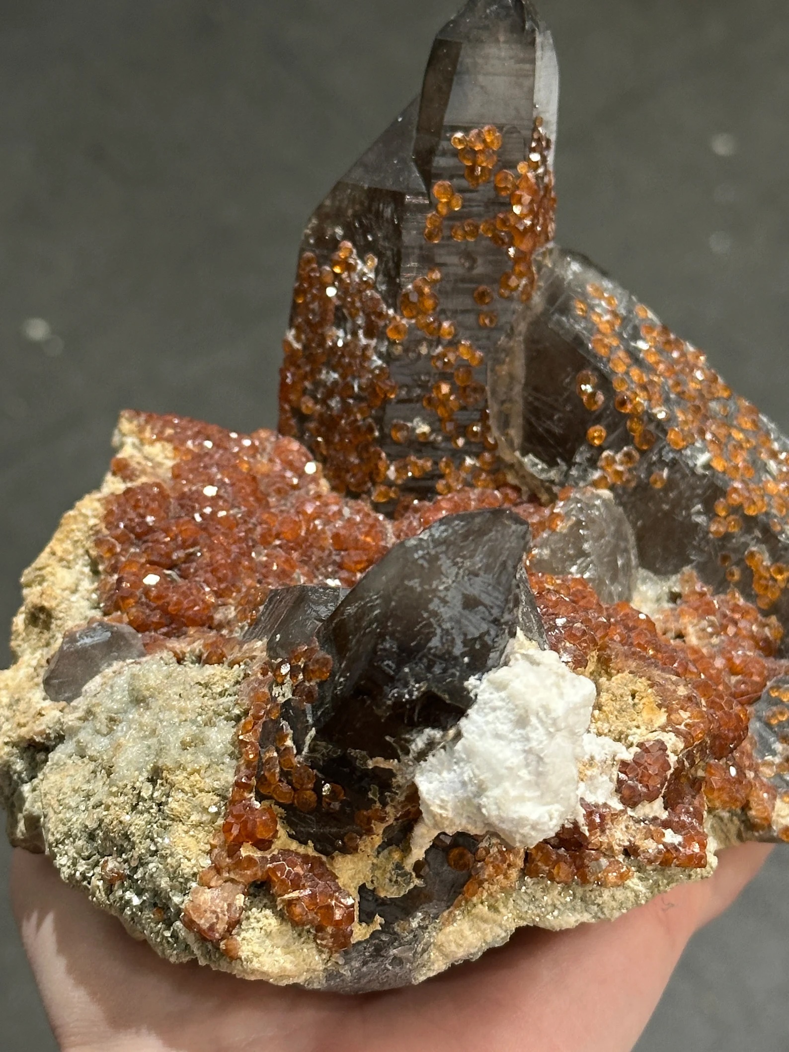 Smoky Quartz with Spessartine Garnet – Lustrous Garnet Druze on Smoky Quartz Crystal Cluster