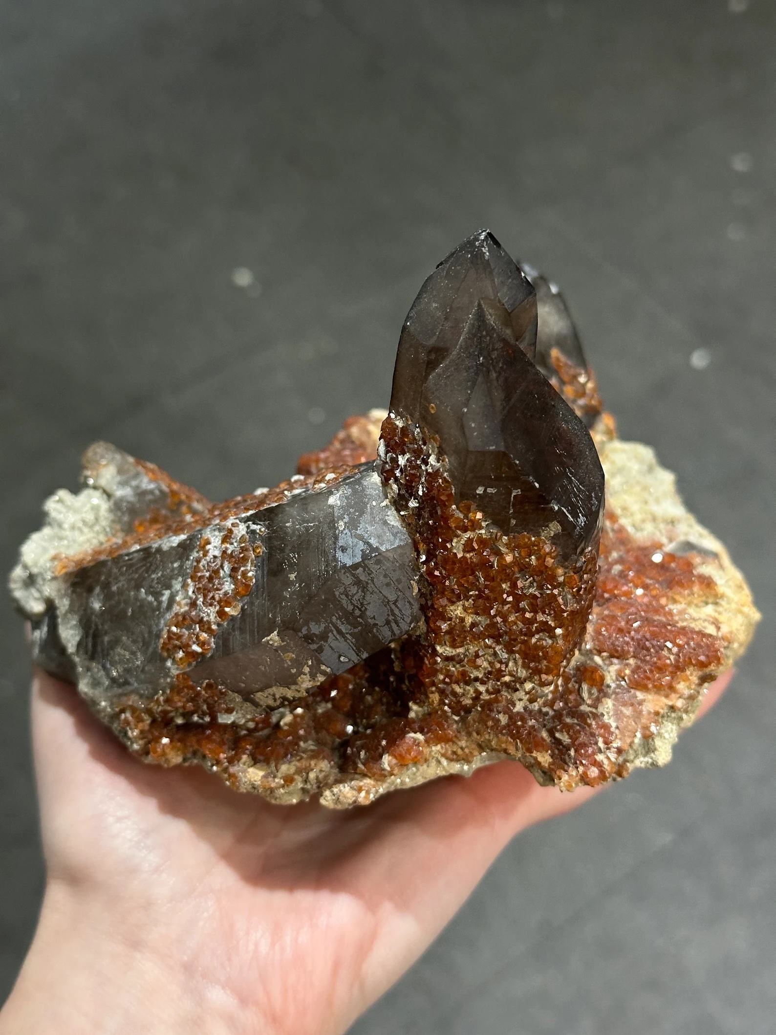 Smoky Quartz with Spessartine Garnet – Lustrous Garnet Druze on Smoky Quartz Crystal Cluster