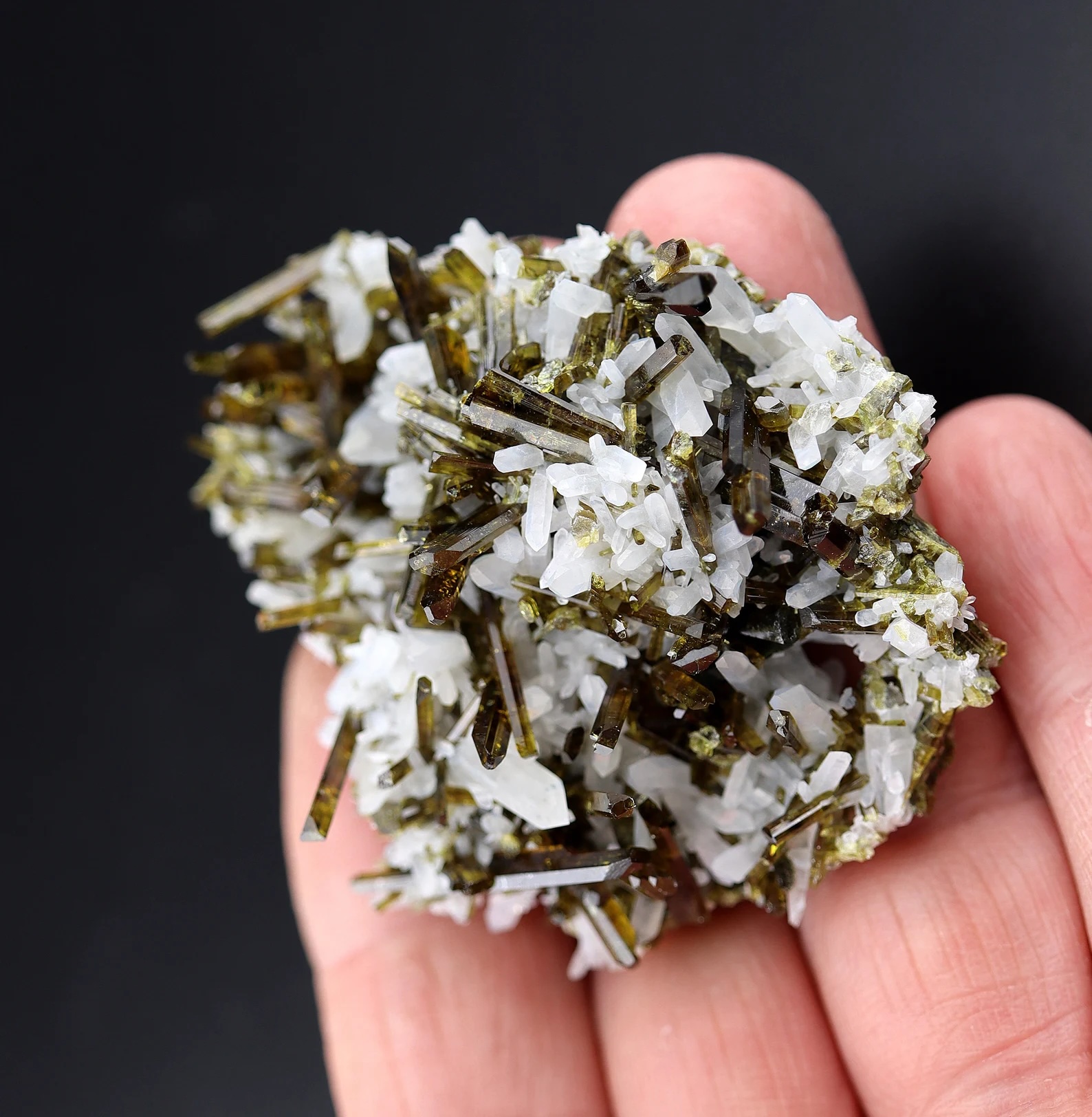 Gem Epidote with Quartz – Lustrous Olive-Green Epidote Crystal Spray on Quartz Plate