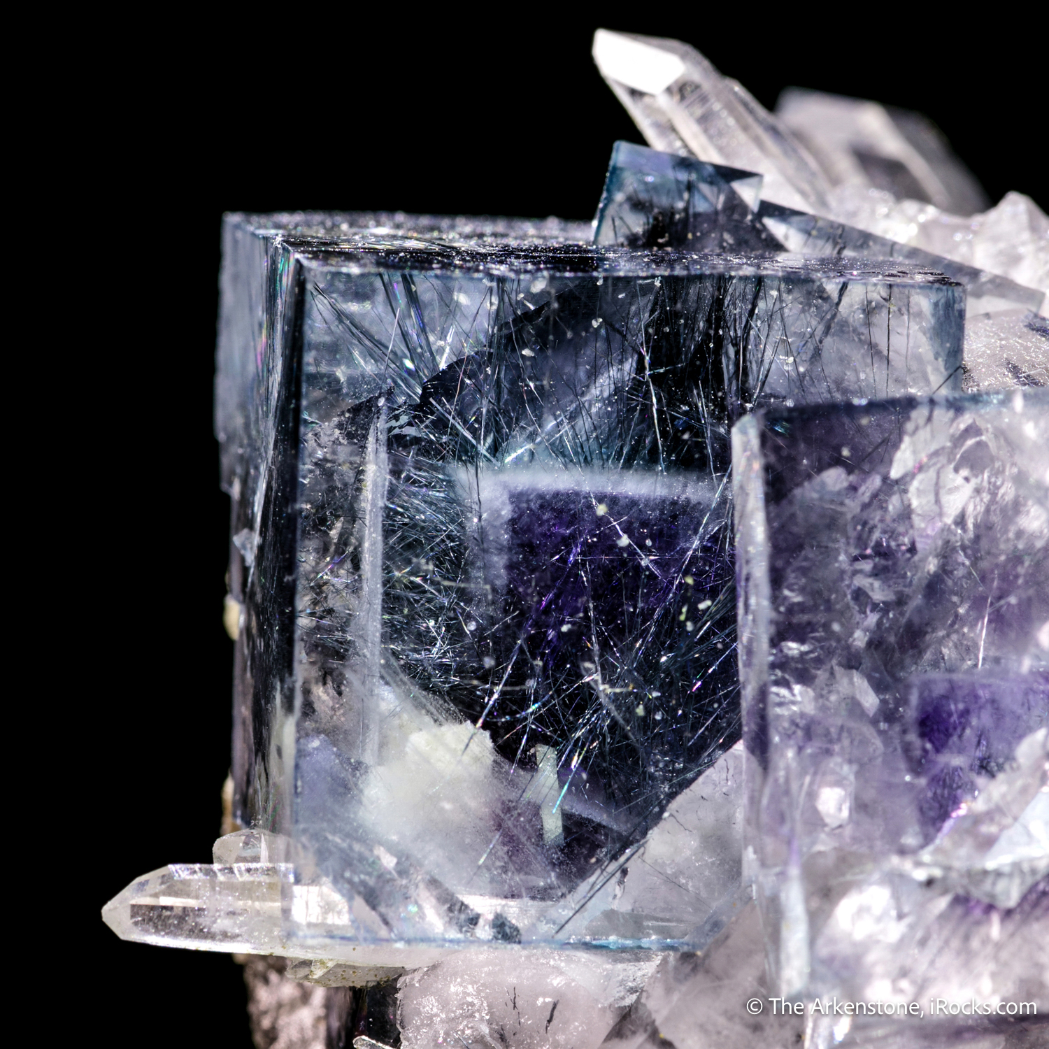 Fluorite with Bismuthinite Inclusions on Quartz – Gem-Clear Cubic Fluorite with Metallic Needles