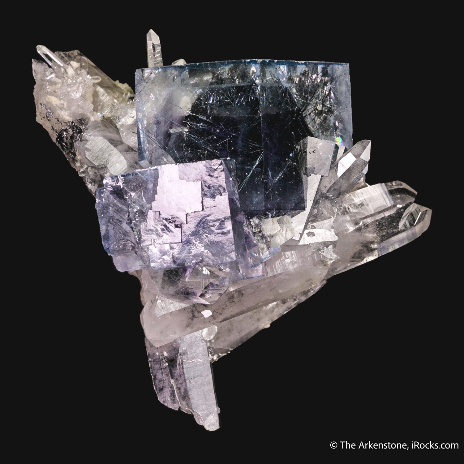 Fluorite with Bismuthinite Inclusions on Quartz – Gem-Clear Cubic Fluorite with Metallic Needles