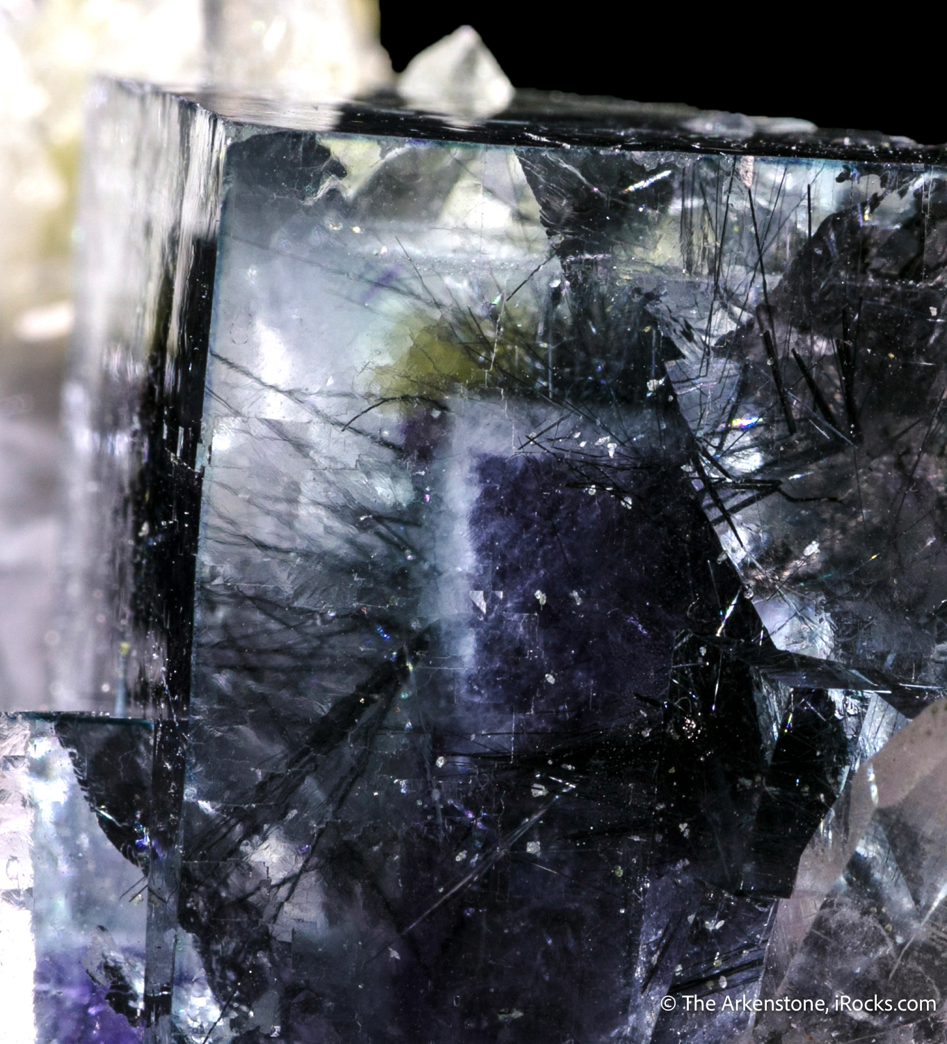 Fluorite with Bismuthinite Inclusions on Quartz – Gem-Clear Cubic Fluorite with Metallic Needles
