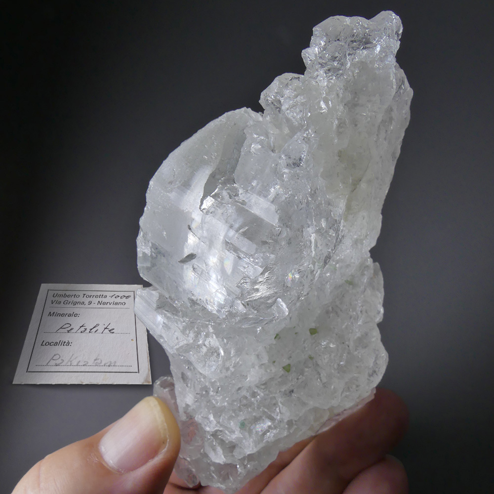 Petalite (Castorite) – Large Gem-Clear Crystalline Mass with Etched Faces and Included Green Tourmaline