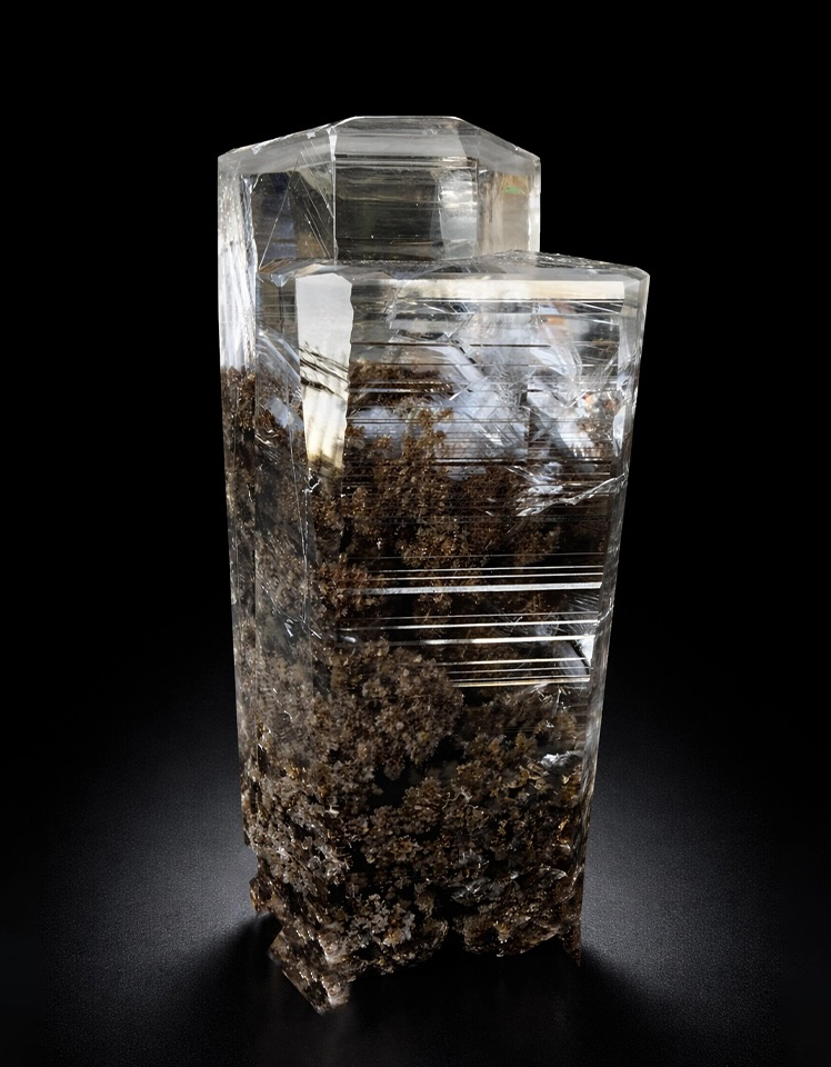 Calcite with Pyrolusite Inclusions – Gem-Clear Prismatic Crystals with Dramatic Black Internal Landscapes