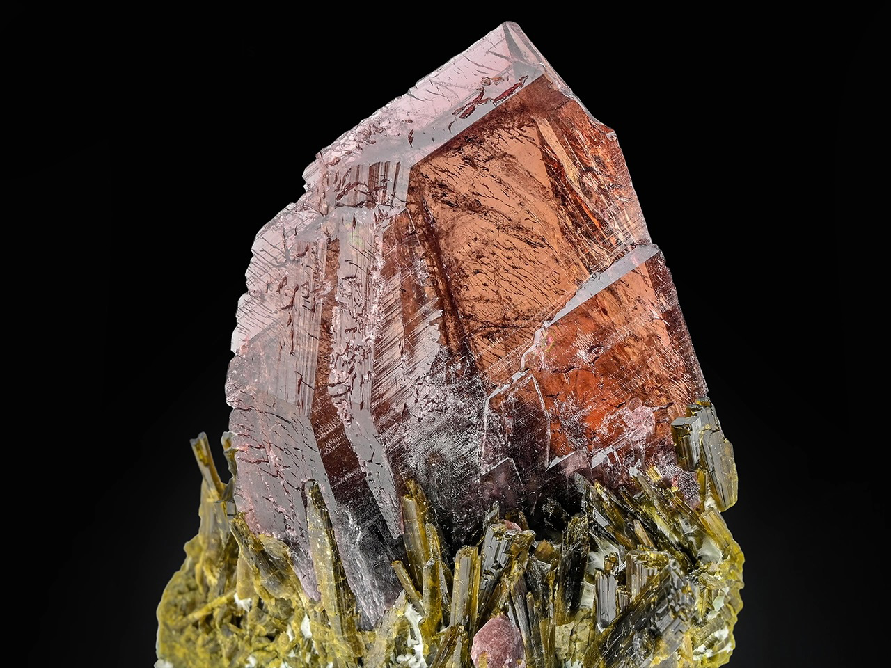 Axinite with Epidote – Lustrous Copper-Brown Gem Crystal Rising from Emerald-Green Epidote Matrix
