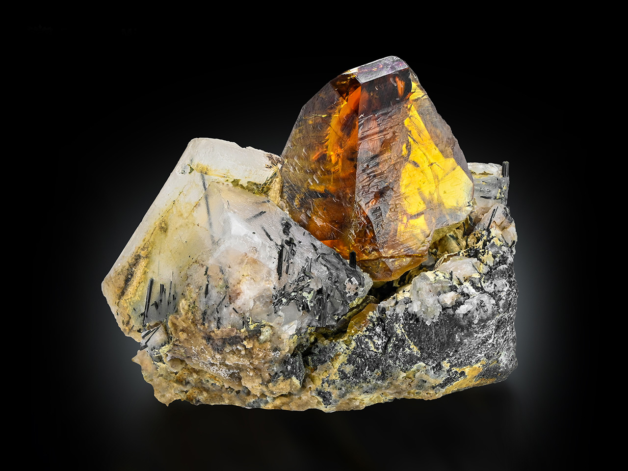 Titanite with Actinolite on Calcite – Gem Honey-Golden Twin Crystal on Matrix