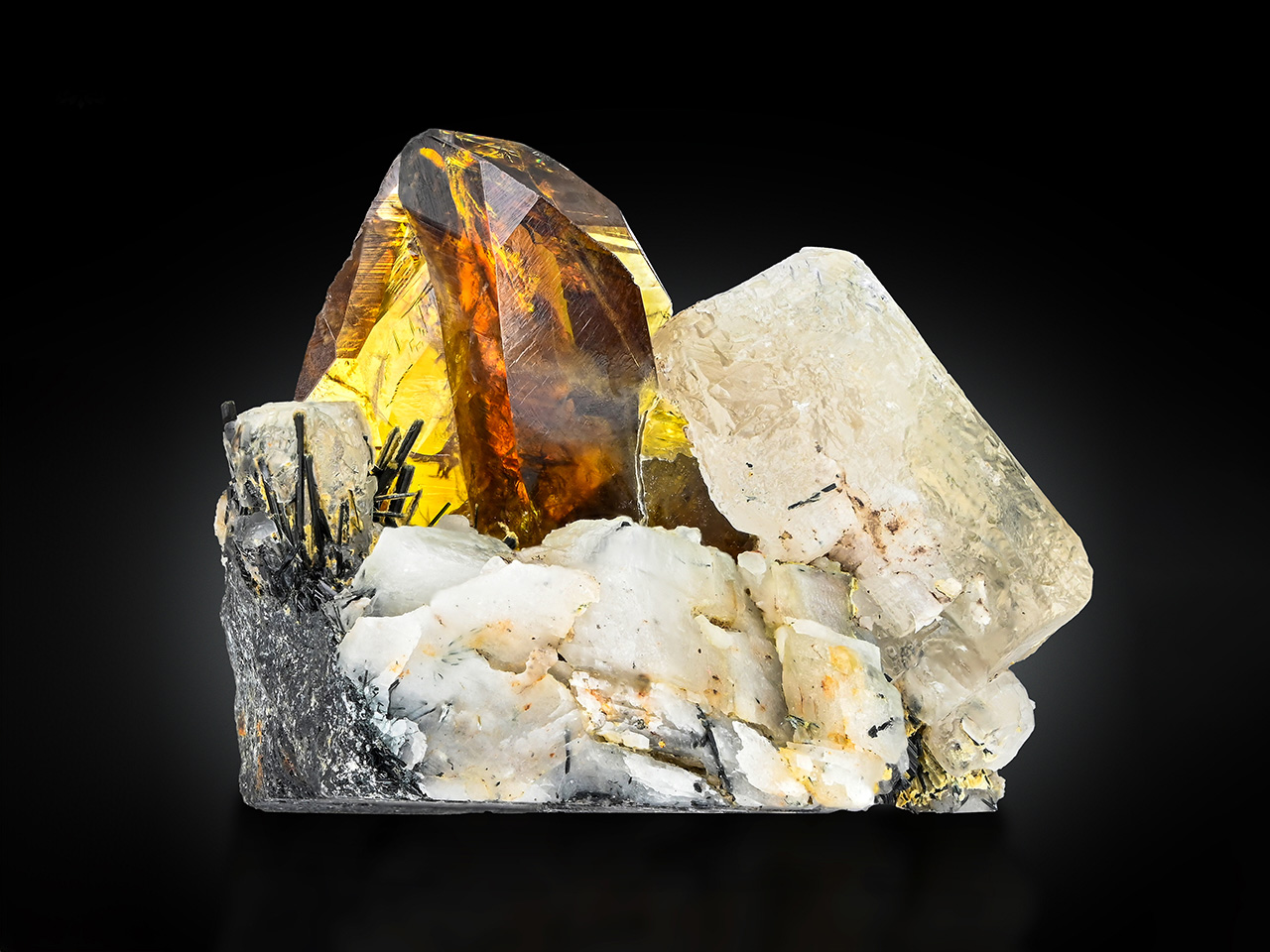 Titanite with Actinolite on Calcite – Gem Honey-Golden Twin Crystal on Matrix