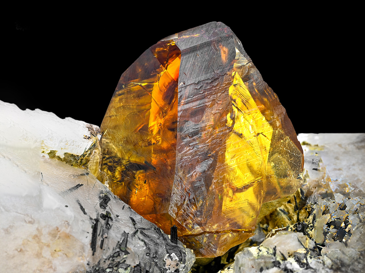 Titanite with Actinolite on Calcite – Gem Honey-Golden Twin Crystal on Matrix