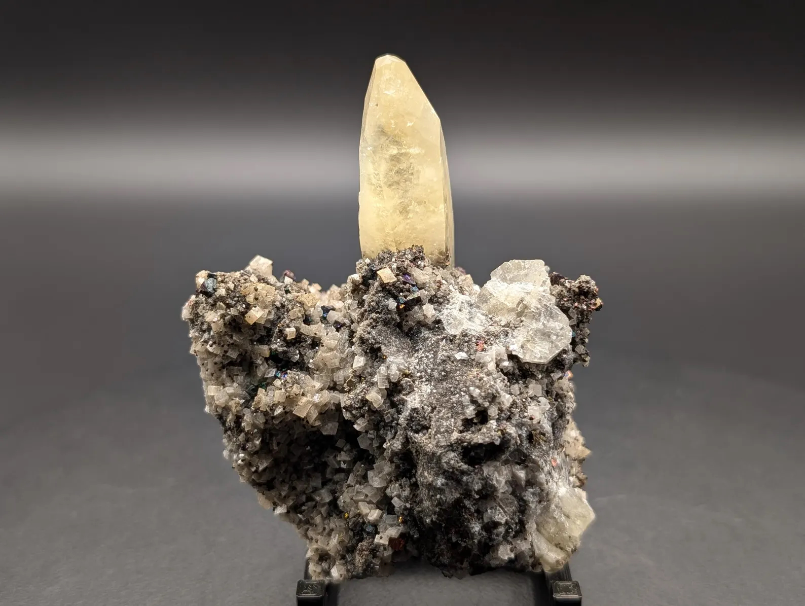Calcite with Chalcopyrite – Solitaire Honey-Yellow Terminated Crystal on Iridescent Sulfide Matrix