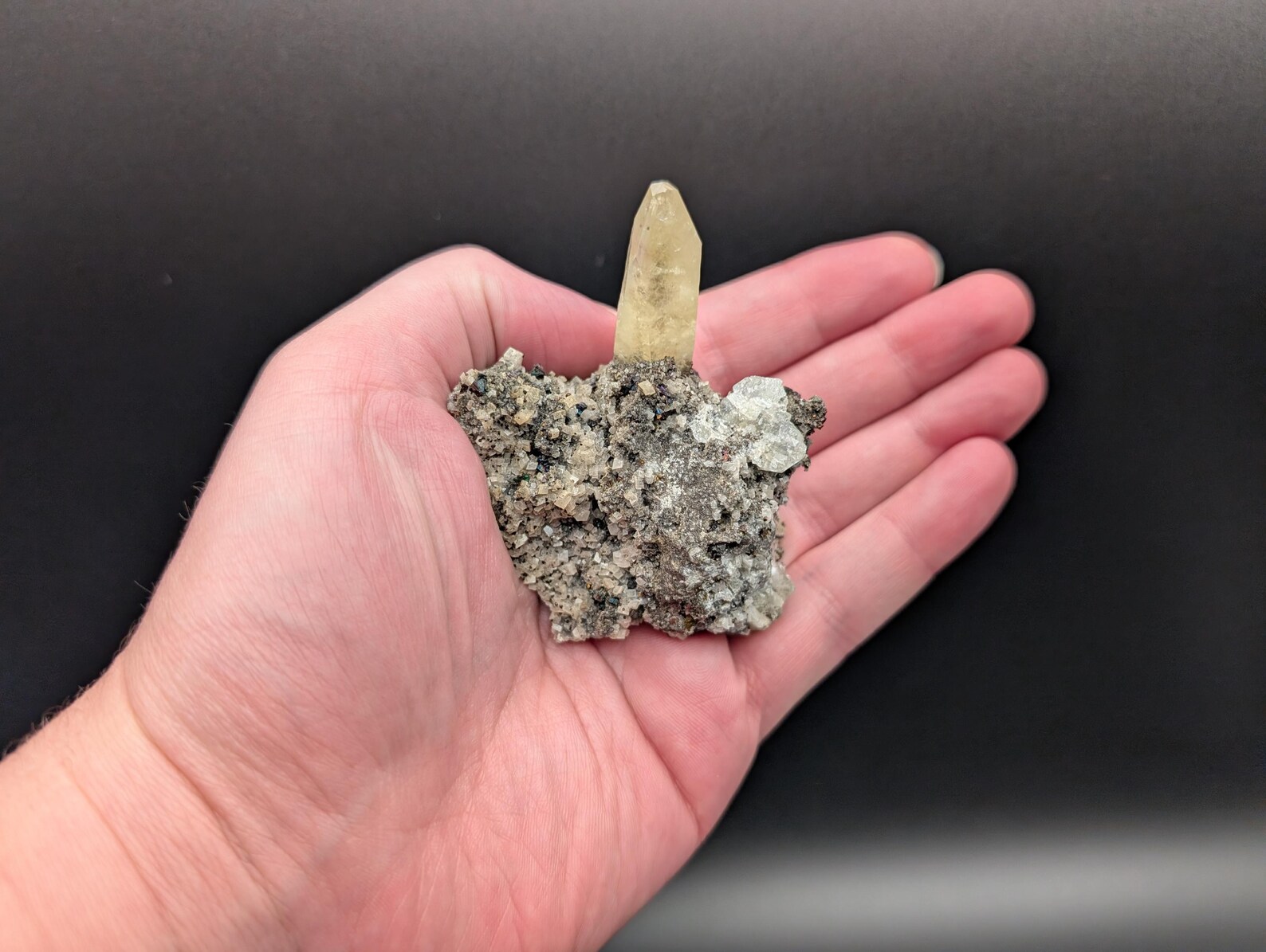 Calcite with Chalcopyrite – Solitaire Honey-Yellow Terminated Crystal on Iridescent Sulfide Matrix