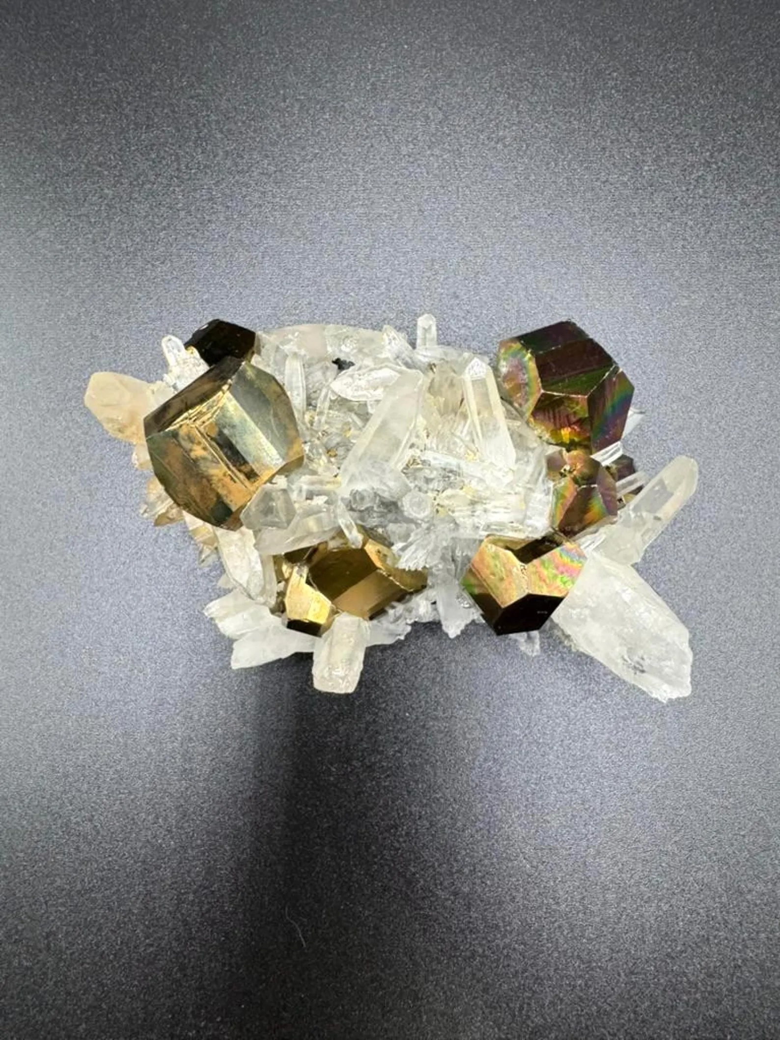 Pyrite with Quartz – Iridescent Rainbow Cubic Crystals on Clear Quartz Cluster