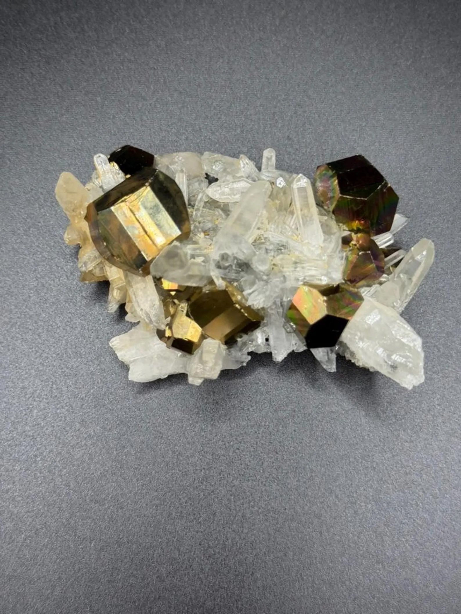 Pyrite with Quartz – Iridescent Rainbow Cubic Crystals on Clear Quartz Cluster