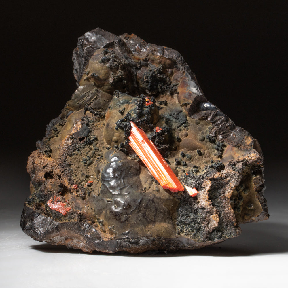 Crocoite on Hematite – Large Translucent Red-Orange Terminated Crystal on Botryoidal Metallic Matrix