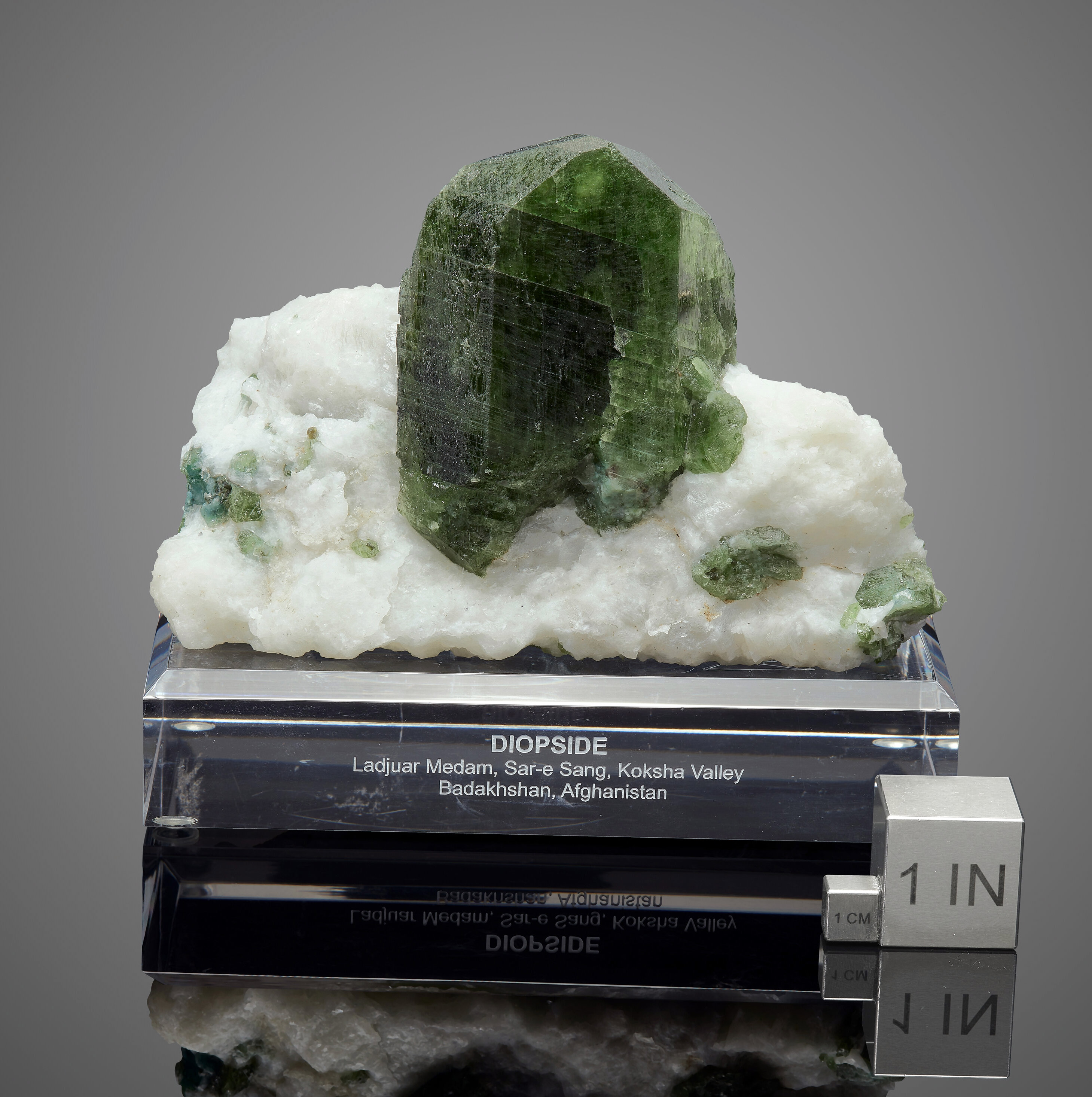 Diopside on Calcite – Monumental Isolated Green Prismatic Crystal on White Fluorescent Matrix