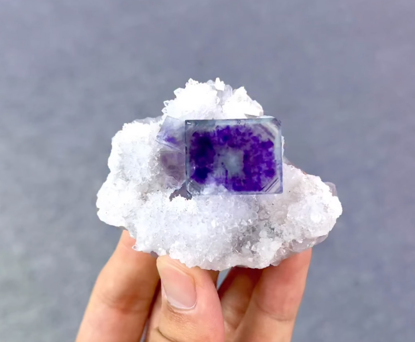 Fluorite on Quartz - Flawless Violet Phantom Cube with Unique Zoning