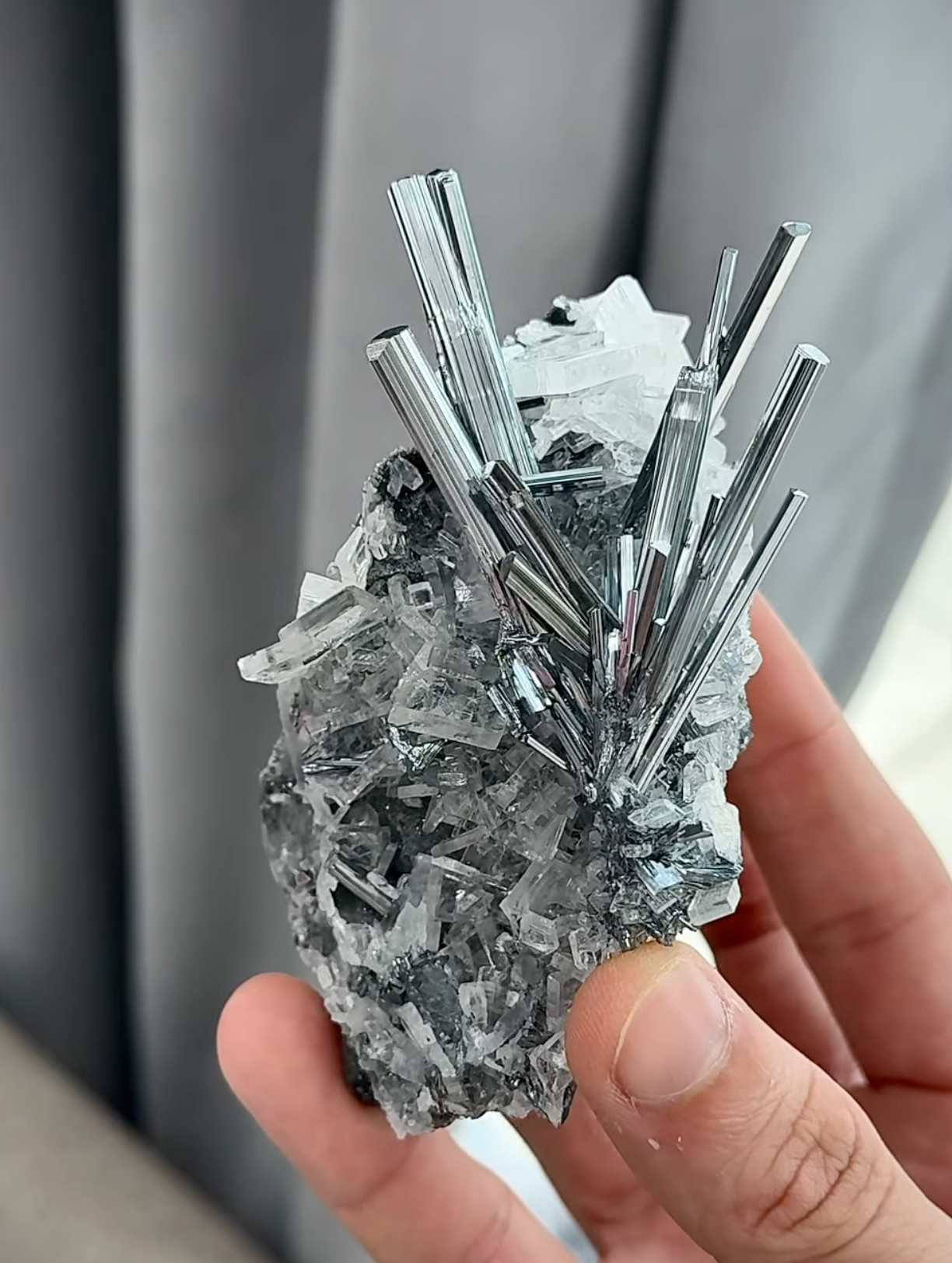 Stibnite with Baryte - Lustrous Metallic Spray on Sparkling Baryte Matrix