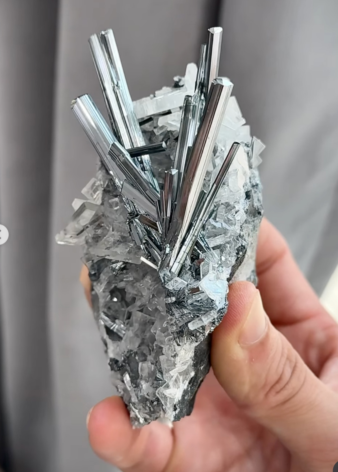 Stibnite with Baryte - Lustrous Metallic Spray on Sparkling Baryte Matrix