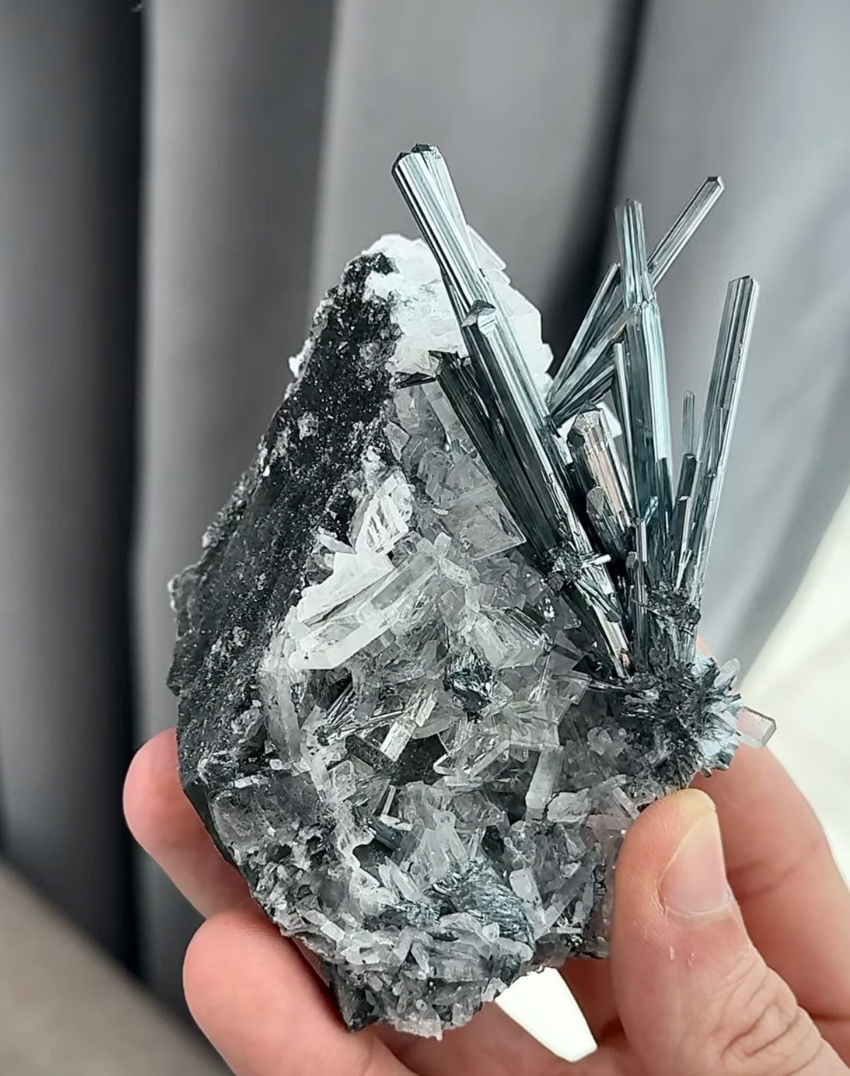 Stibnite with Baryte - Lustrous Metallic Spray on Sparkling Baryte Matrix