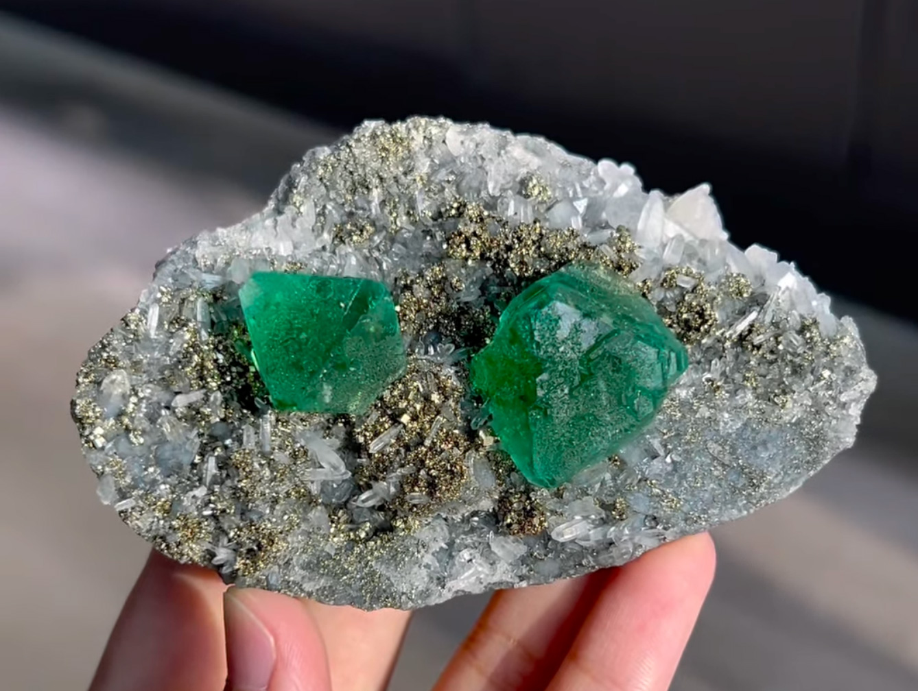 Fluorite - Gem Emerald Green Octahedral Crystals on Quartz Matrix