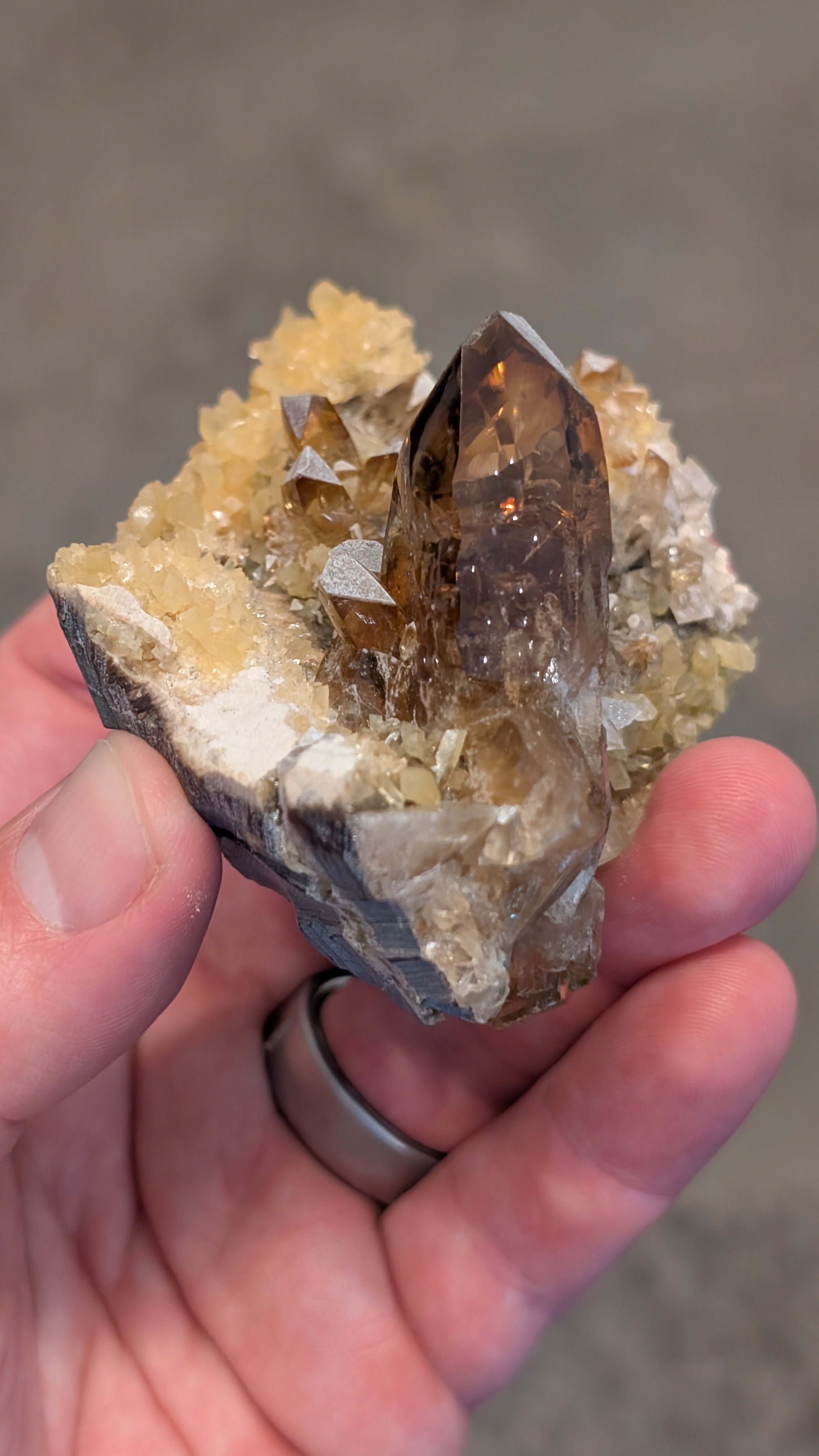 Baryte - Gemmy Amber Crystals on Golden Calcite and Septarian Matrix, Elk Creek