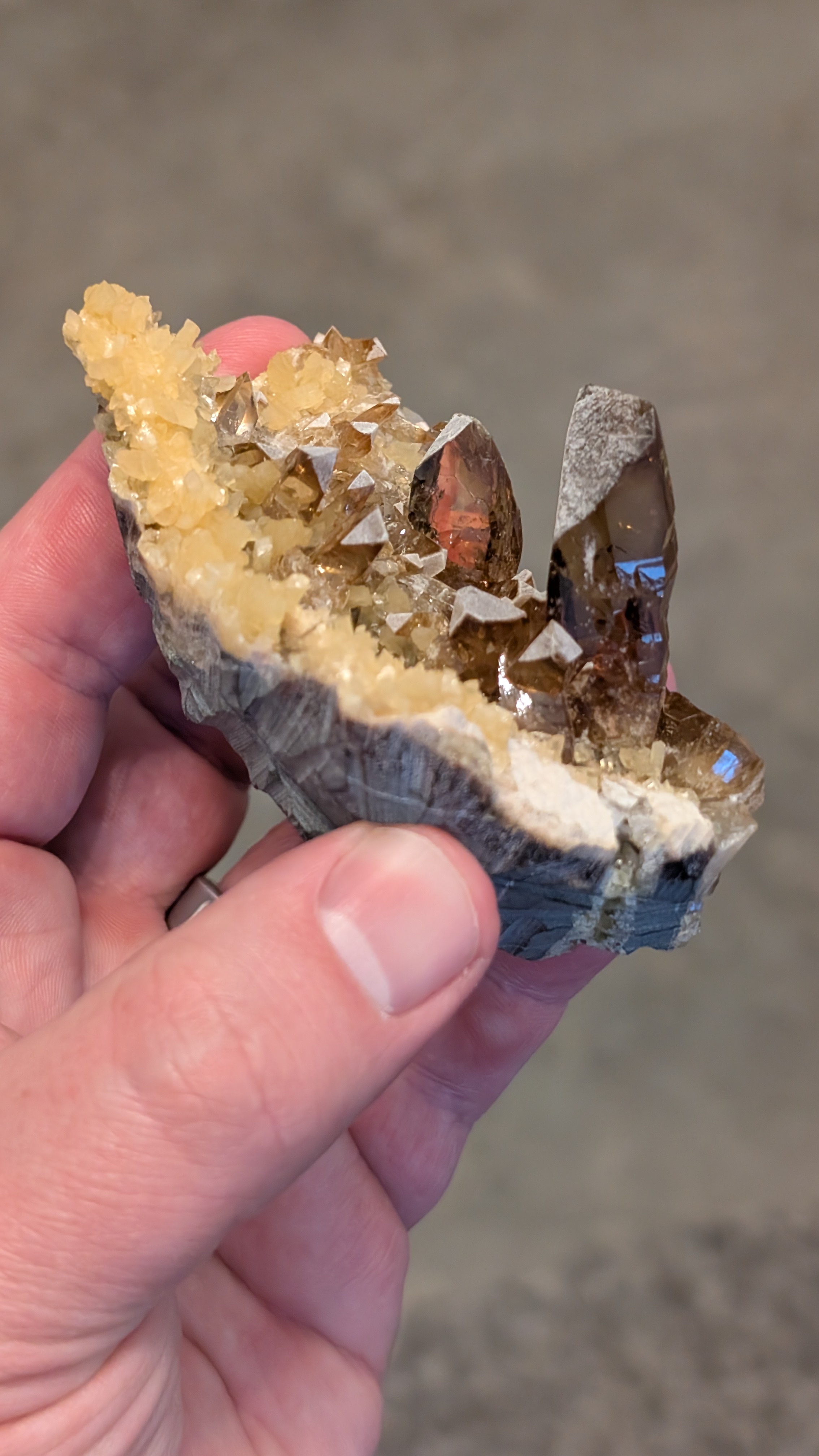 Baryte - Gemmy Amber Crystals on Golden Calcite and Septarian Matrix, Elk Creek