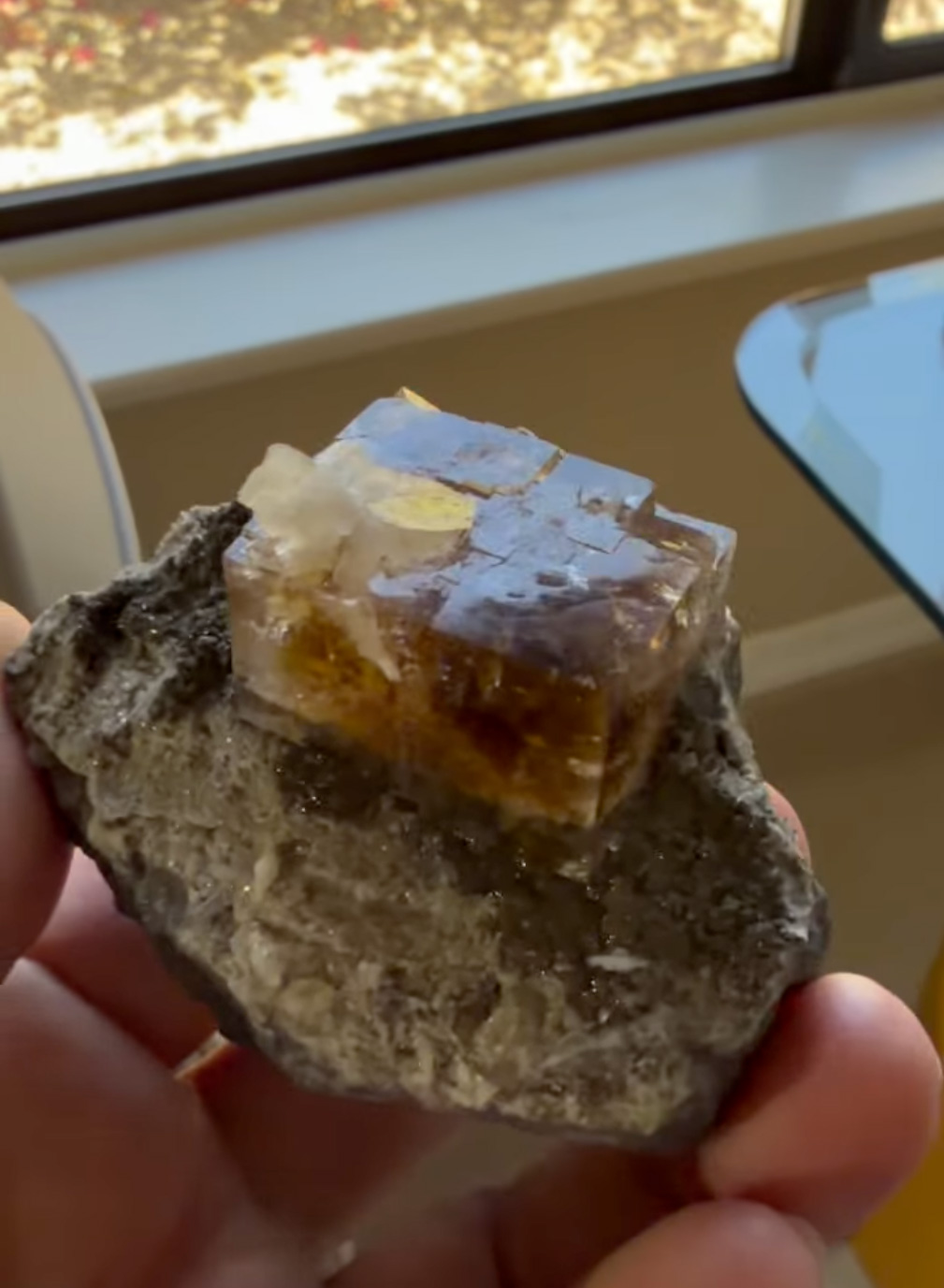 Fluorite with Celestine - Gemmy Amber Cube with Internal Celestine Blade on Carbonate Matrix