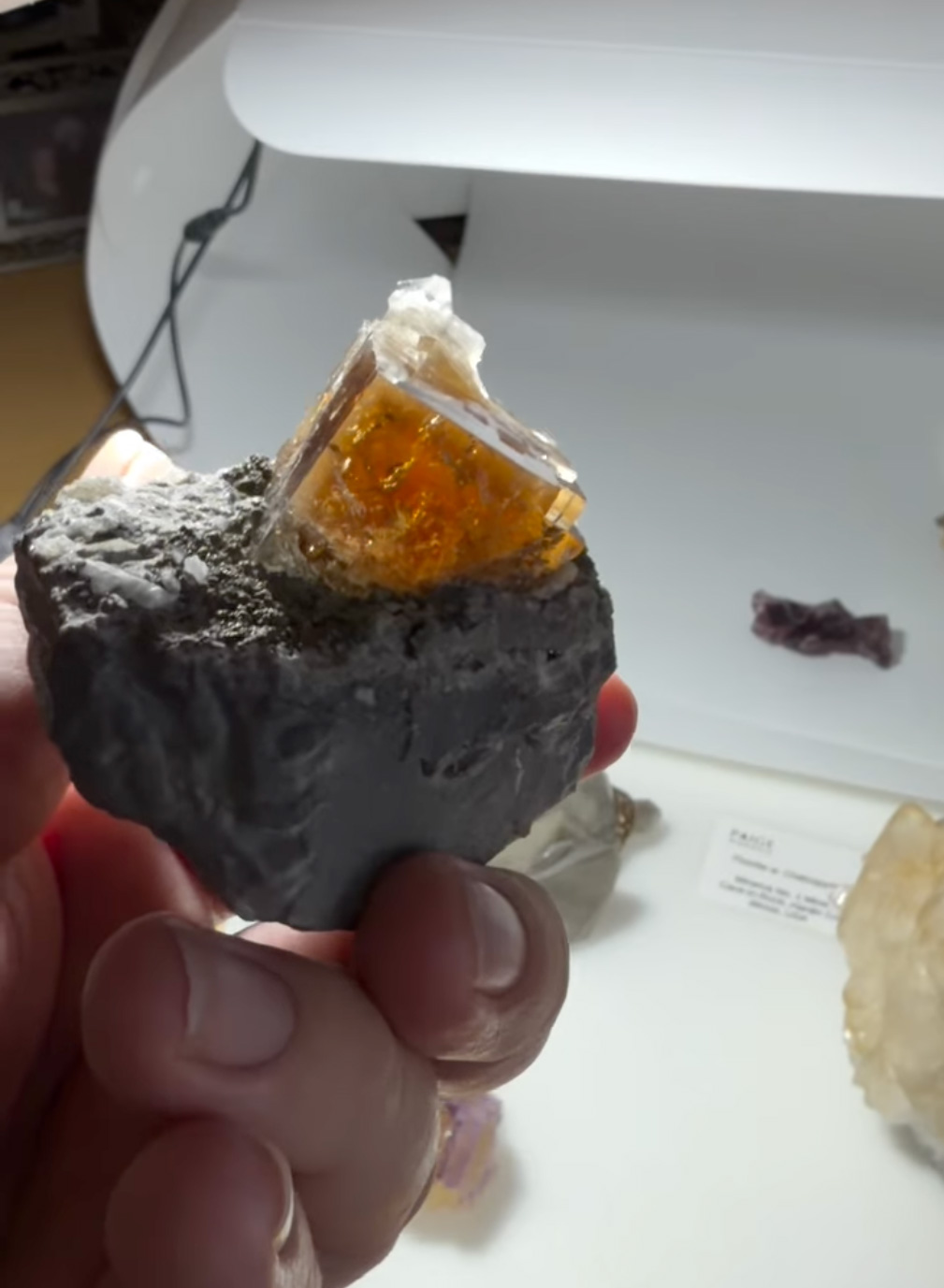 Fluorite with Celestine - Gemmy Amber Cube with Internal Celestine Blade on Carbonate Matrix