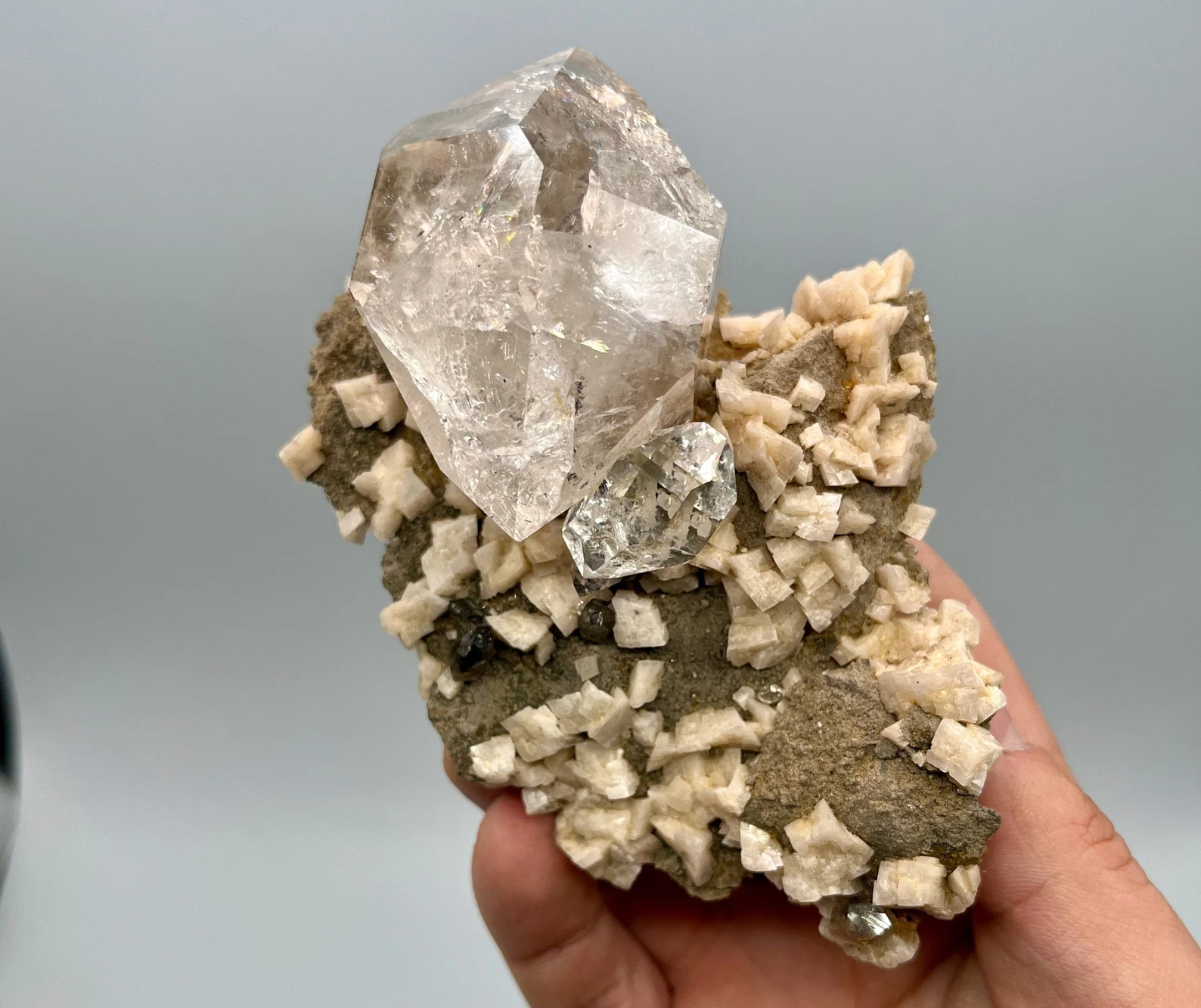 Quartz var. Herkimer Diamond - World-Class Specimen On Matrix With Dolomite